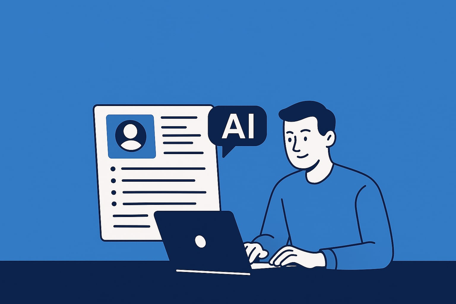 Illustration of a job seeker using AI to write a resume, featuring a laptop and a digital resume,