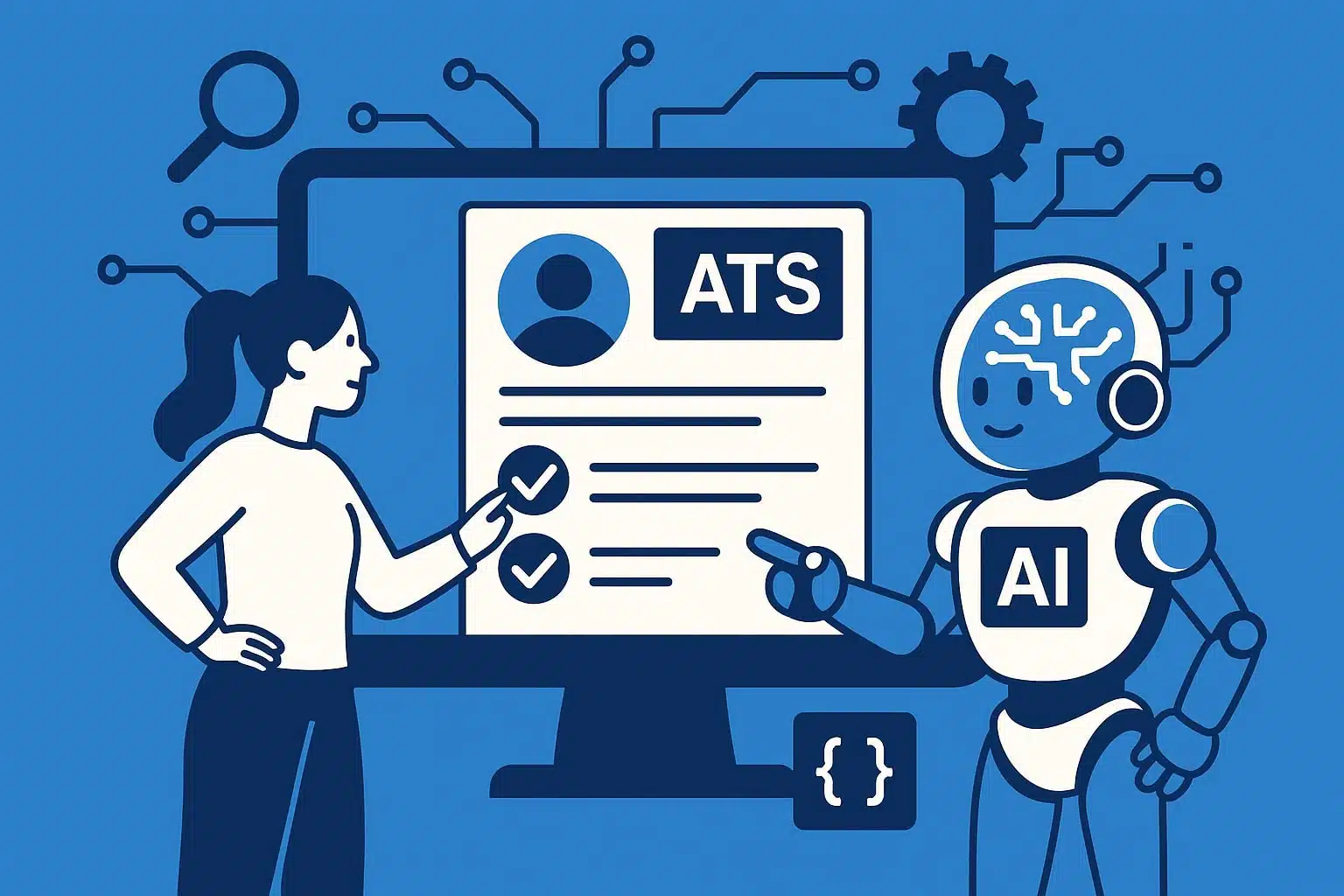 Illustration of a woman and an AI robot reviewing a resume on a computer screen with ATS (Applicant Tracking System) interface, symbolizing AI-powered recruitment technology.