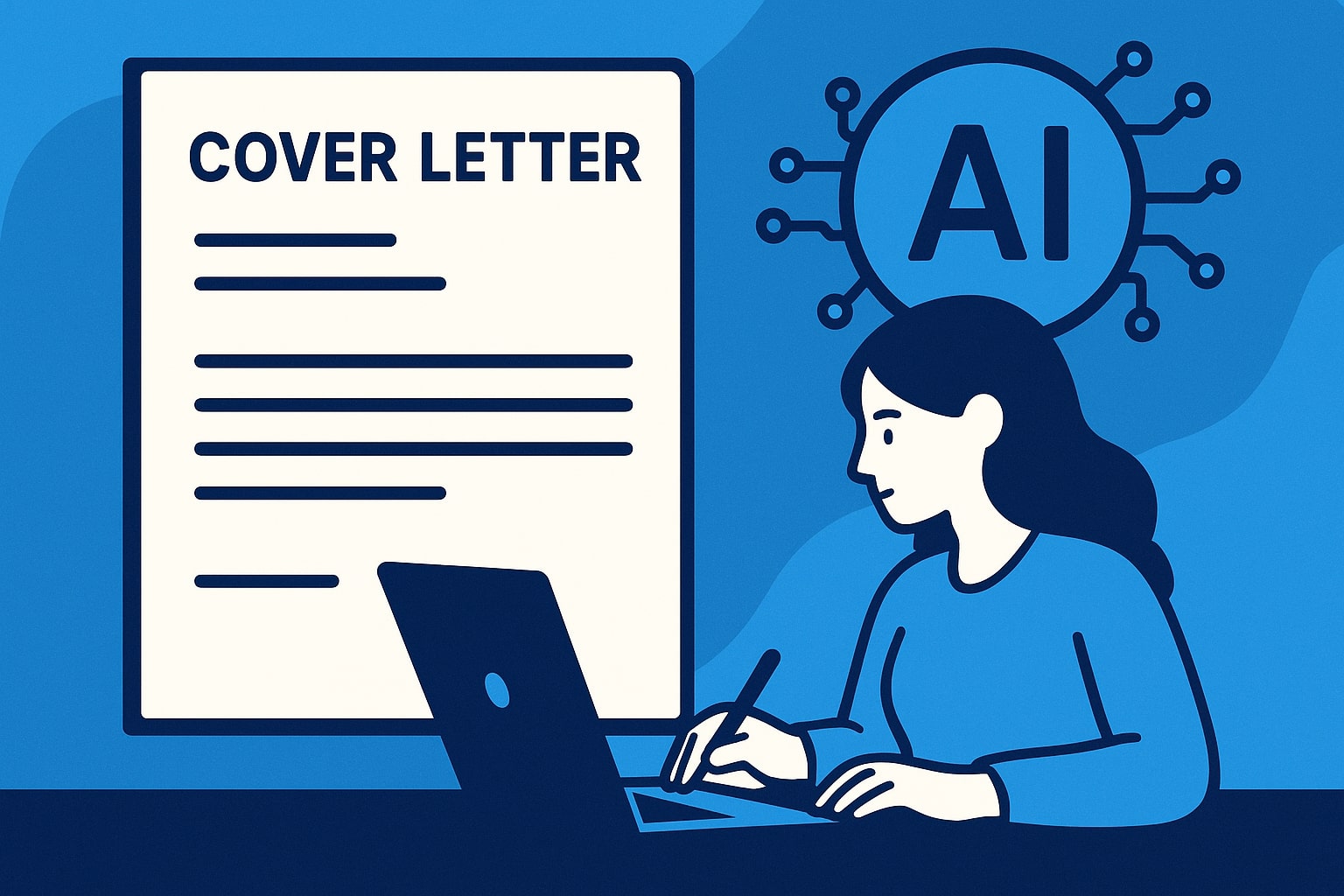 Illustration of a woman writing a cover letter on a laptop, assisted by AI technology, representing AI-powered cover letter creation tools.
