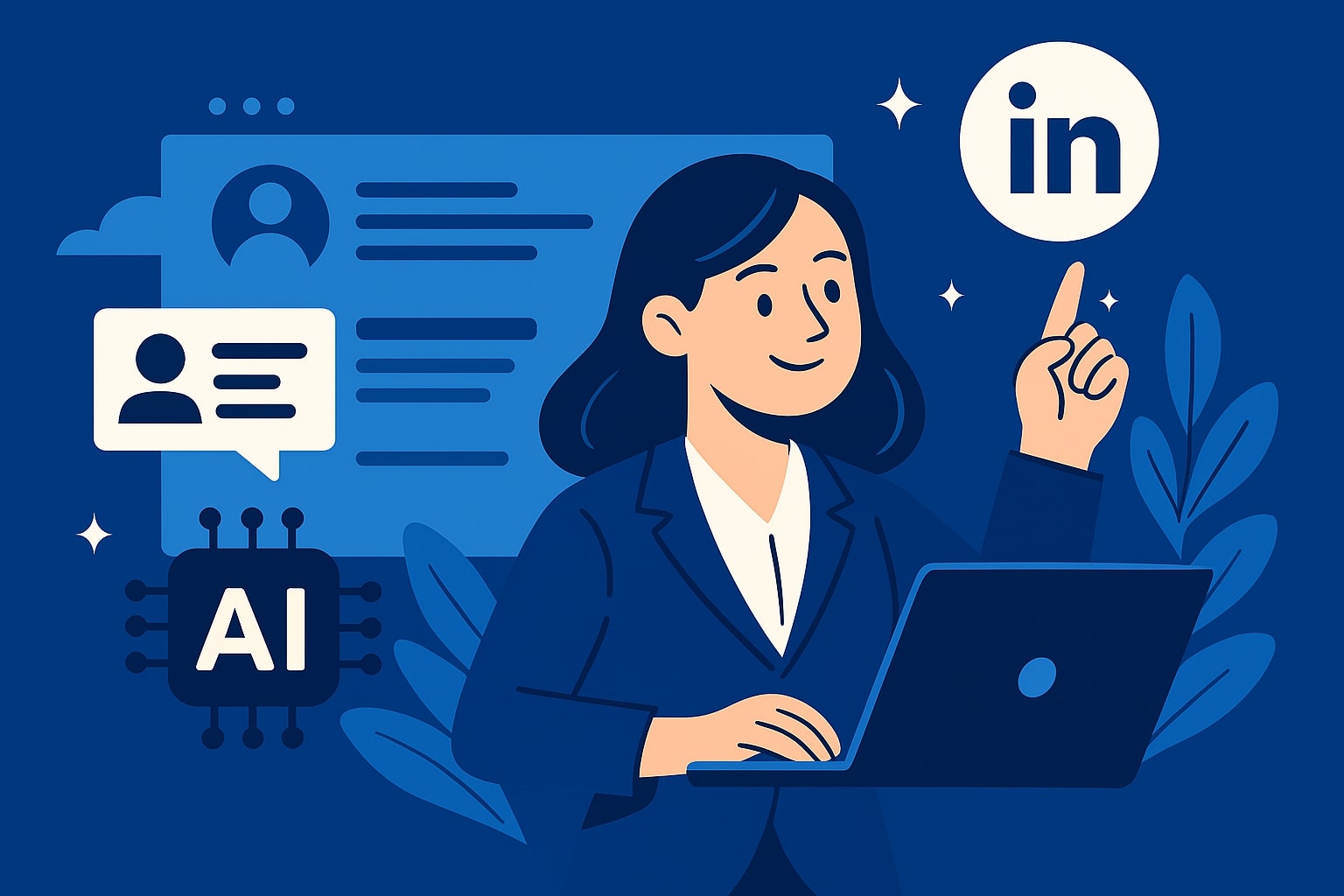 Illustration of a businesswoman using a laptop with AI elements and LinkedIn logo, representing AI-powered LinkedIn profile optimization and networking.