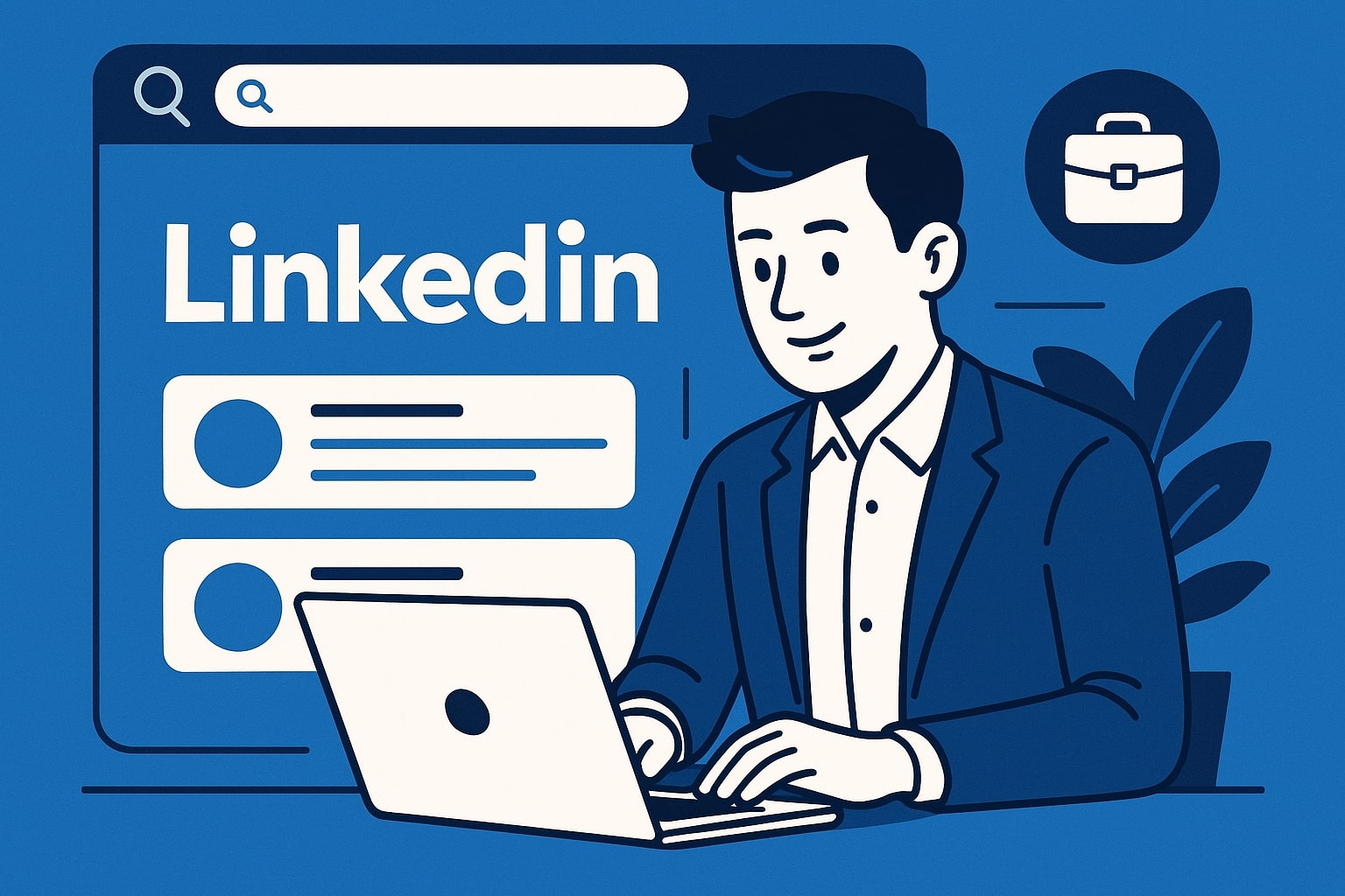 Illustration of a professional man using a laptop with LinkedIn interface in the background, symbolizing job search and networking online