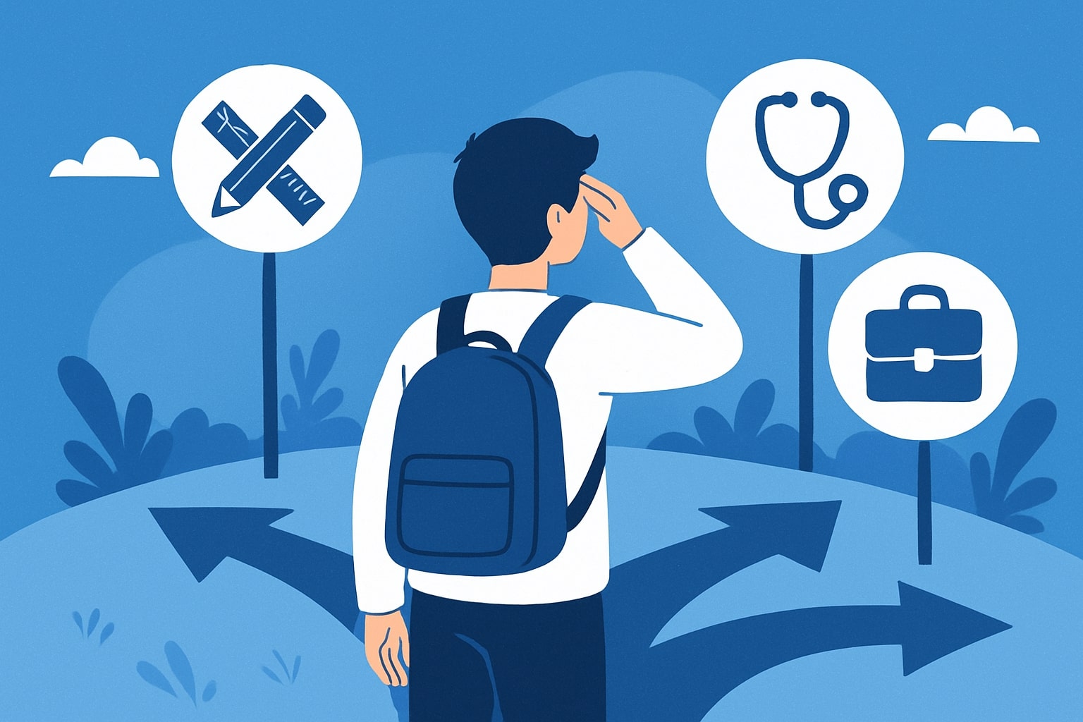 Illustration of a student with a backpack standing at a crossroads, looking at signs with symbols for different career paths: a pencil for creative work, a stethoscope for medicine, and a briefcase for business