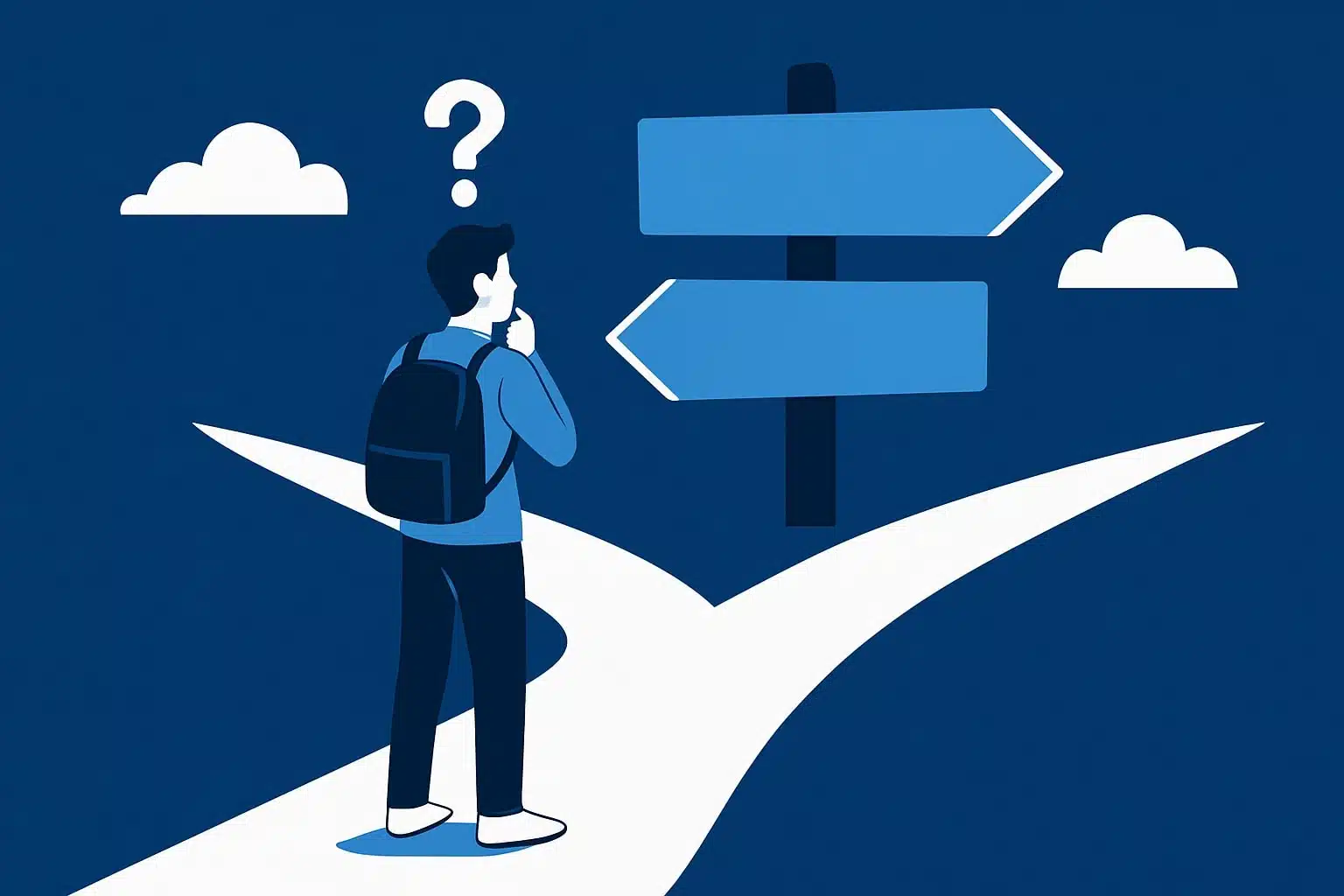 Illustrazione di una persona con uno zaino in piedi a un bivio, che guarda due cartelli direzionali con un punto interrogativo in alto, simbolo di indecisione e scelte di carriera.