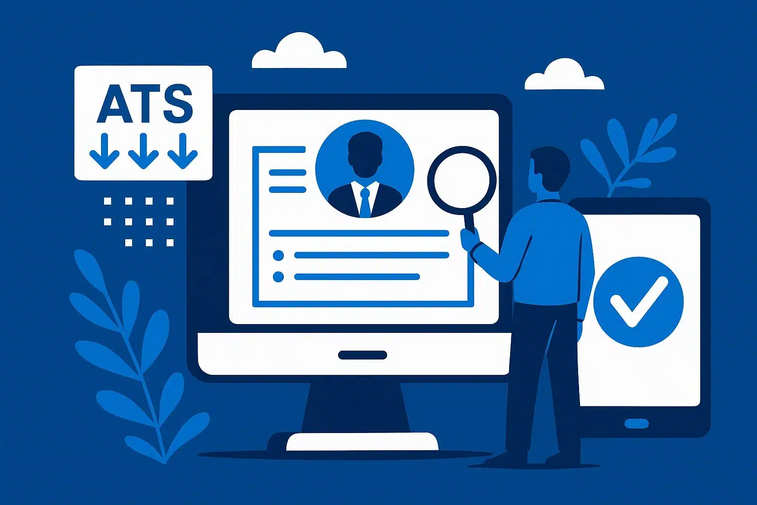 Illustration of a recruiter reviewing a digital resume on a computer screen with a magnifying glass, while an ATS system processes applications. A smartphone with a checkmark is shown, symbolizing successful resume optimization
