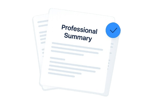 Documento de resumen profesional con una marca de verificación, que representa la herramienta de inteligencia artificial de JobWinner para generar resúmenes de currículum.