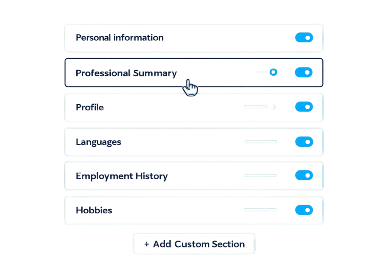 Interfaz de creación de currículums con IA que resalta la sección "Resumen profesional"