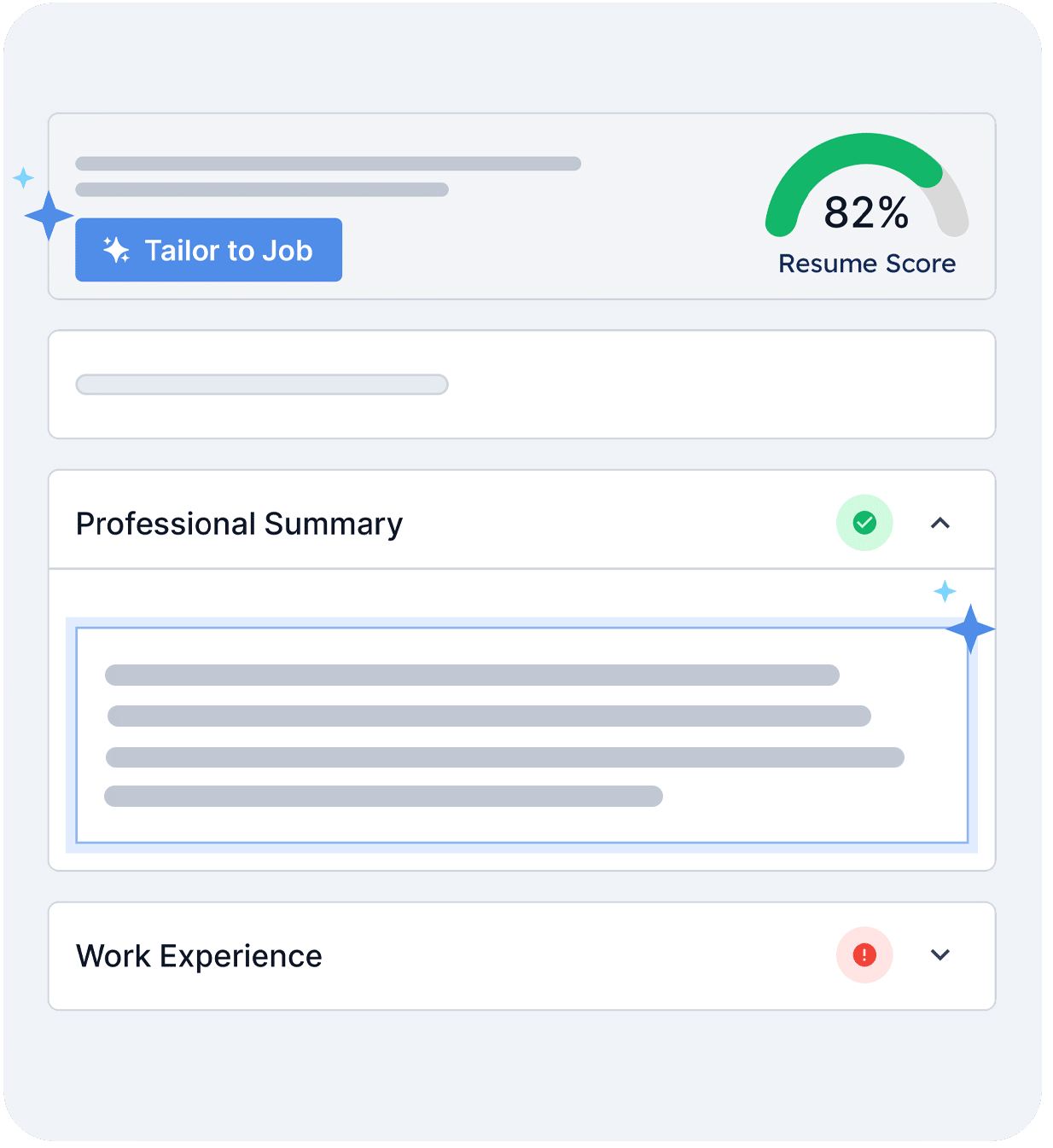 Interfaz que muestra la puntuación del currículum y los comentarios de las secciones para que coincida con la descripción del trabajo.