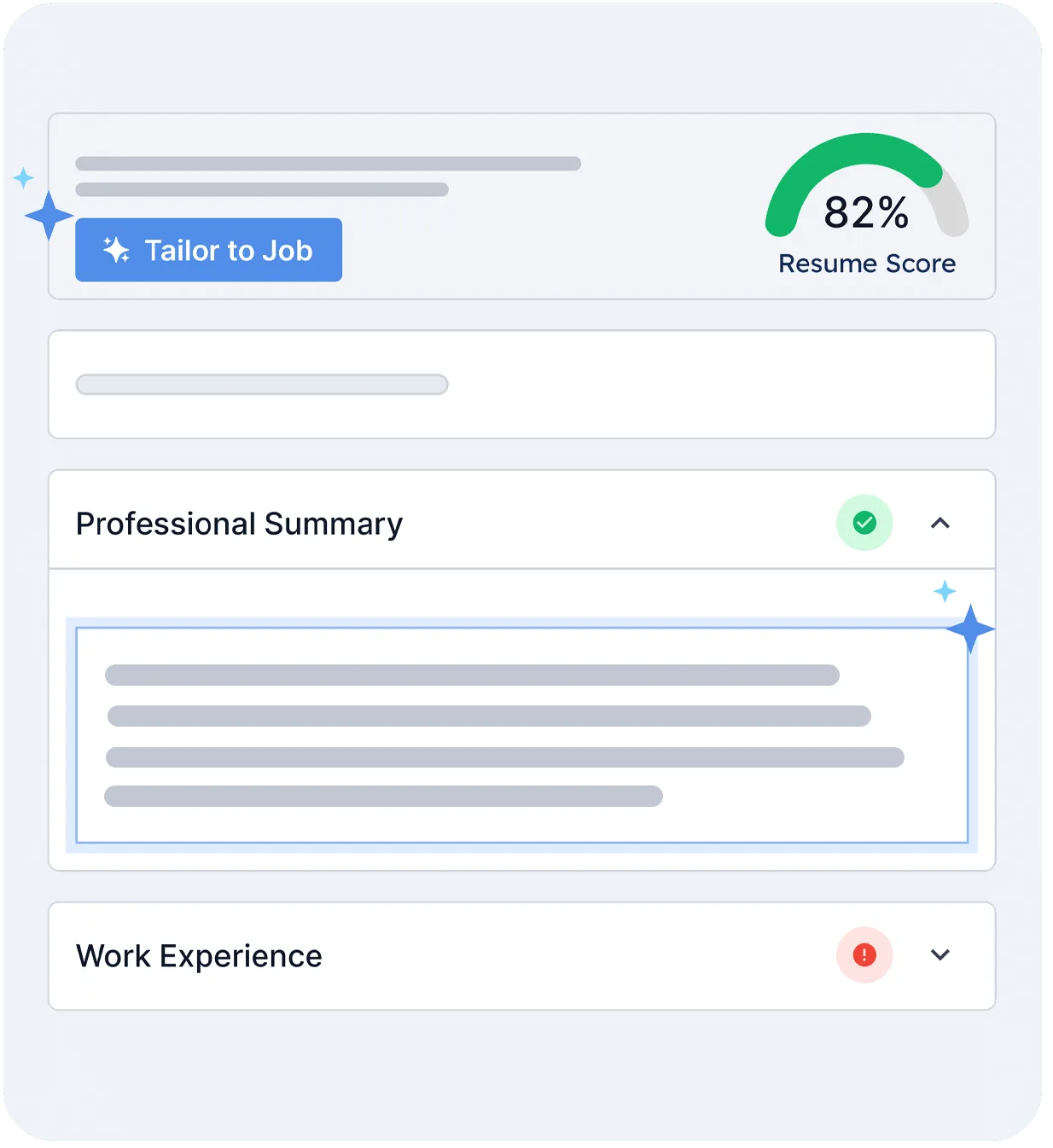 Interface affichant le score du CV et les commentaires par section pour adapter le CV à l'offre d'emploi.