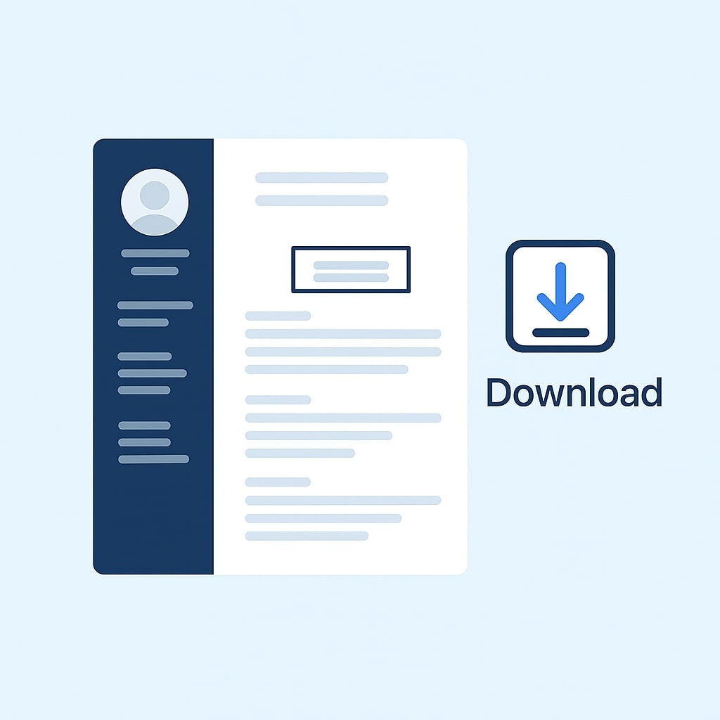 Illustration of a resume template with blue sidebar and a download icon, symbolizing CV download option