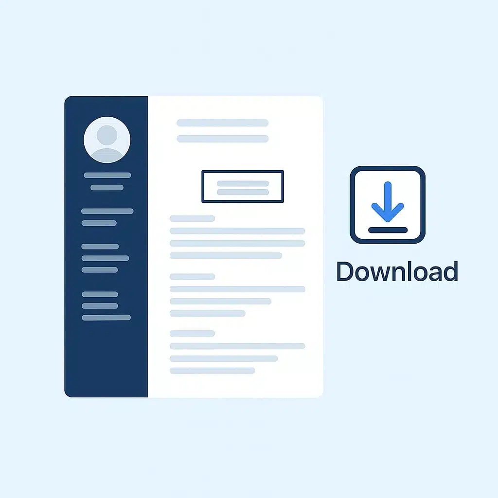 Illustrazione di un modello di curriculum con barra laterale blu e un'icona di download, che simboleggia l'opzione di download del CV
