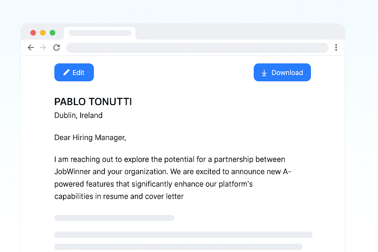 AI-generated cover letter preview with editable and downloadable options for personalized applications