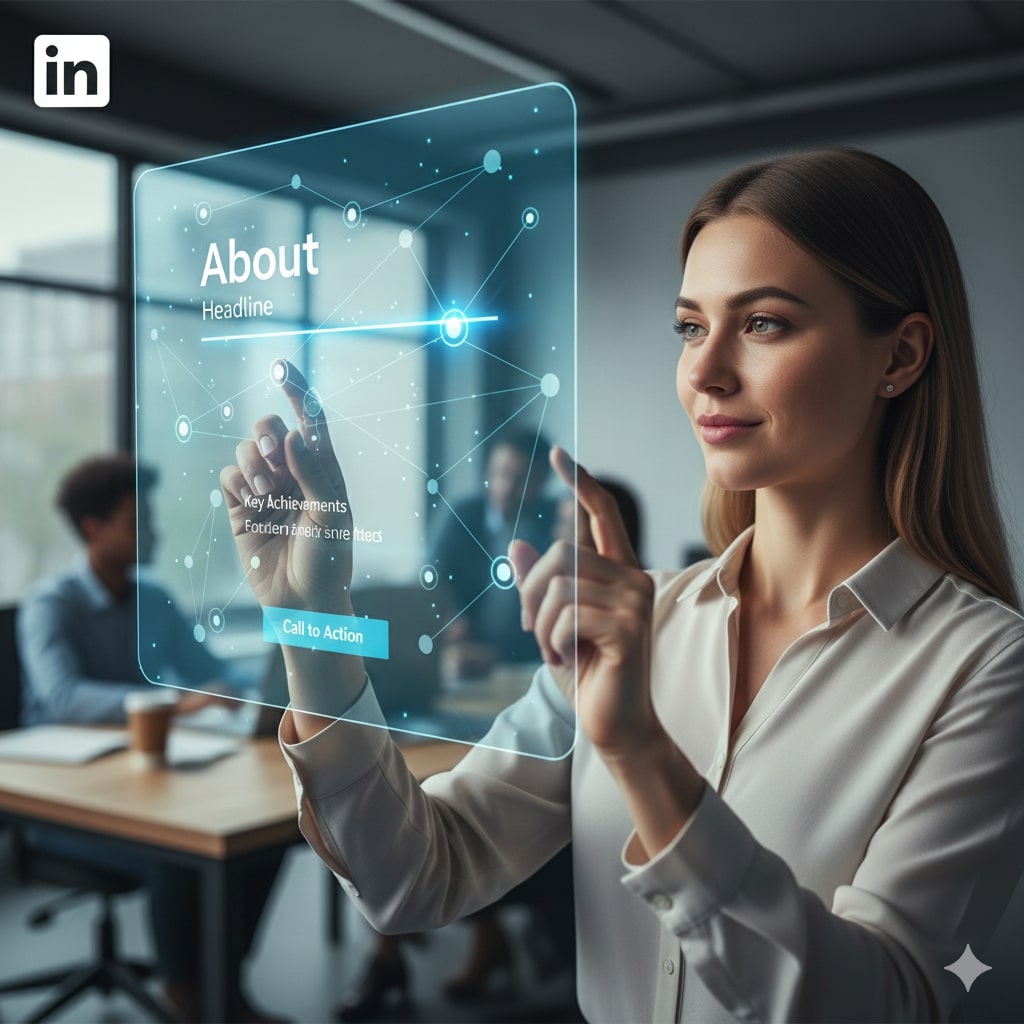 Woman editing a holographic "About" section on a LinkedIn profile