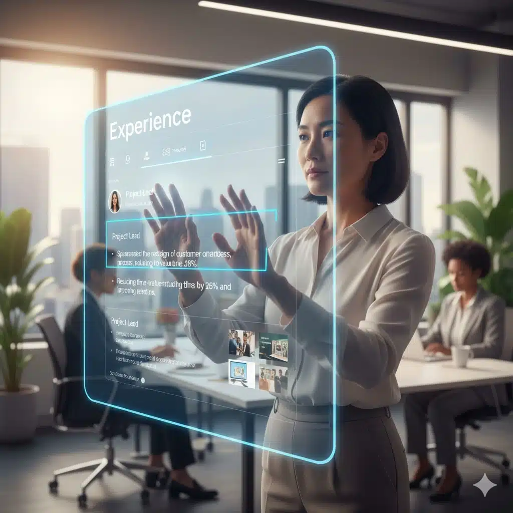 Une femme interagit avec un écran translucide et holographique " Expérience " LinkedIn dans un bureau moderne.