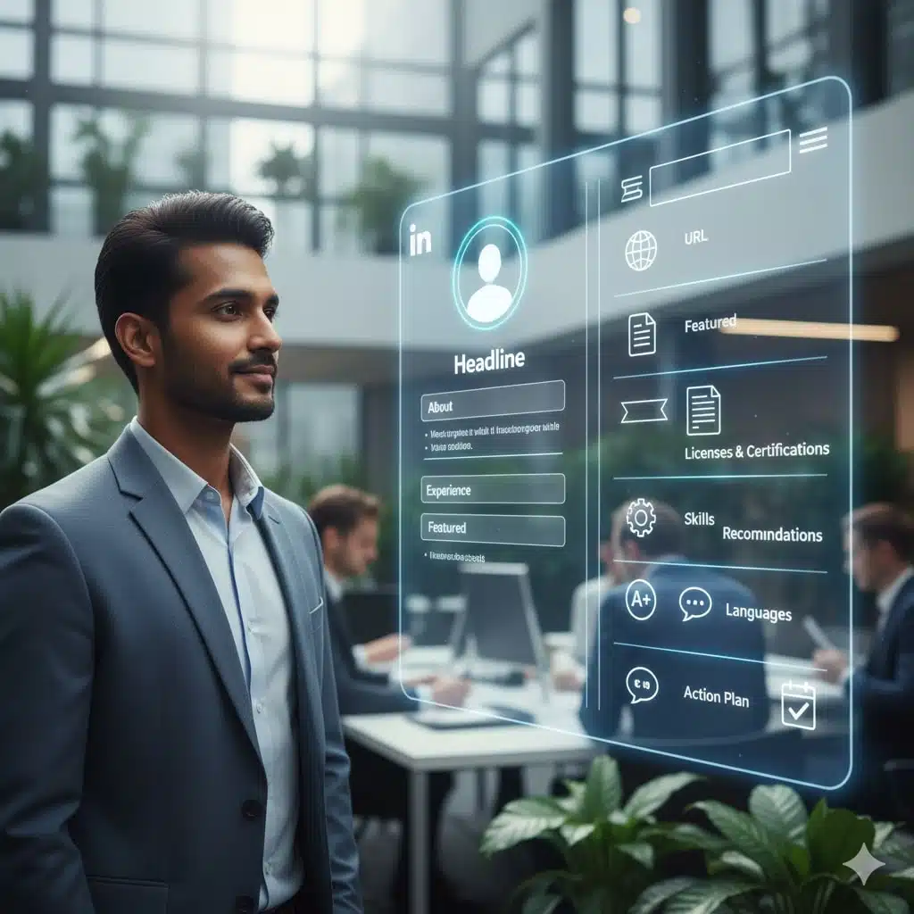 Un homme interagissant avec une interface de profil LinkedIn holographique