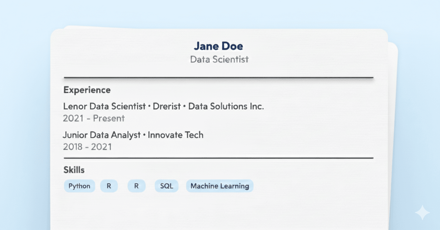 Stylized data scientist resume card on a light blue background.