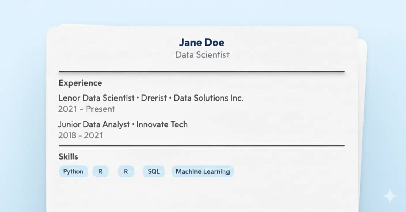 Stylized data scientist resume card on a light blue background.