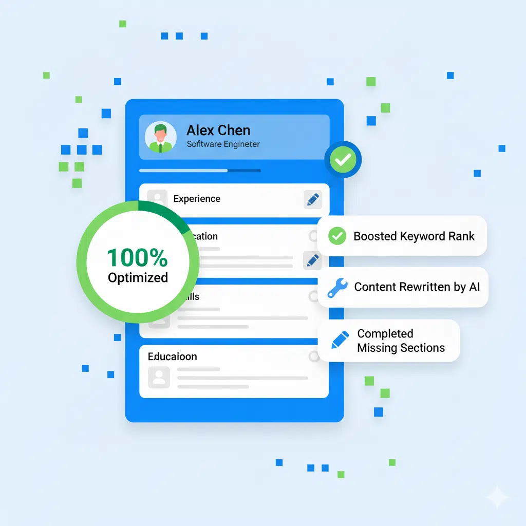 100% Perfil de Linkedin totalmente optimizado con JobWinner AI Revisor de Linkedin gratuito