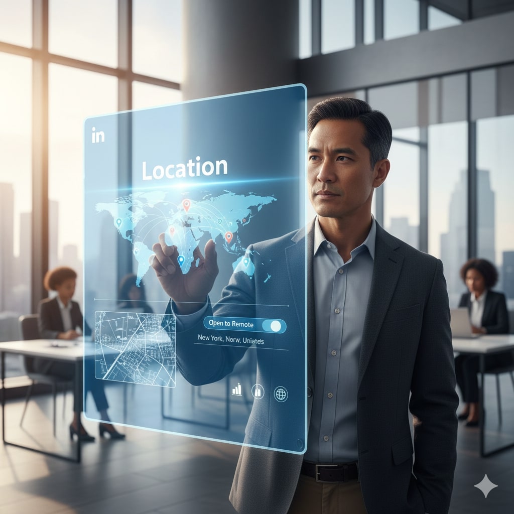 Un homme interagit avec une interface holographique de localisation et de carte LinkedIn.