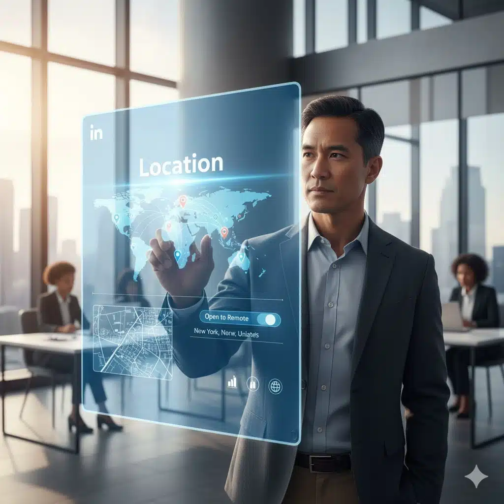 Un homme interagit avec une interface holographique de localisation et de carte LinkedIn.