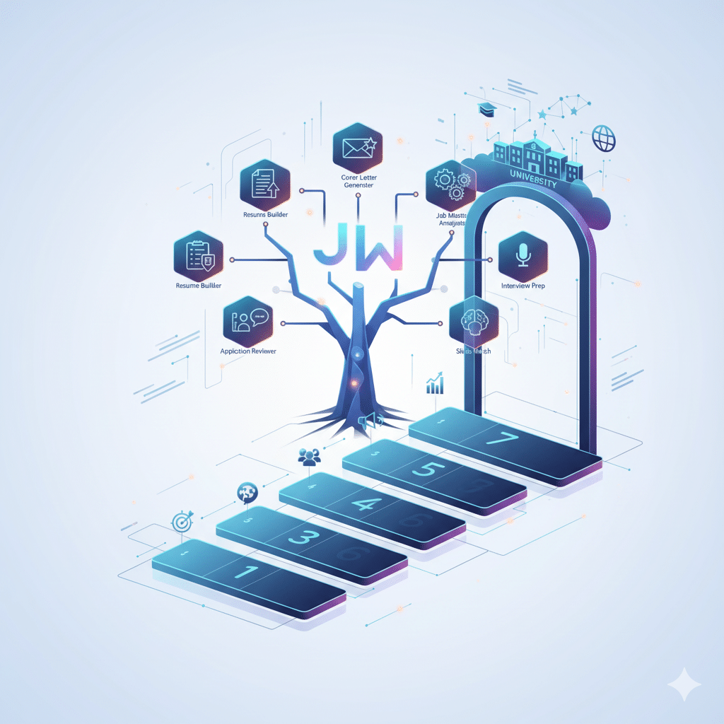 Minimalist AI career platform steps for students, guiding them to a university and job success.