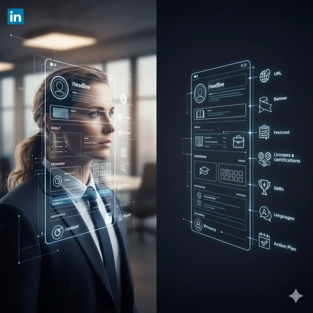Donna professionista che interagisce con un'interfaccia digitale del profilo LinkedIn.