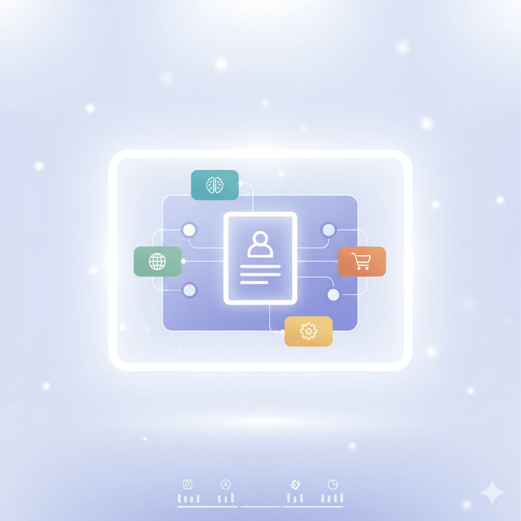 Minimalist infographic: glowing white-label resume builder with AI, multi-language, monetization, and customization icons.