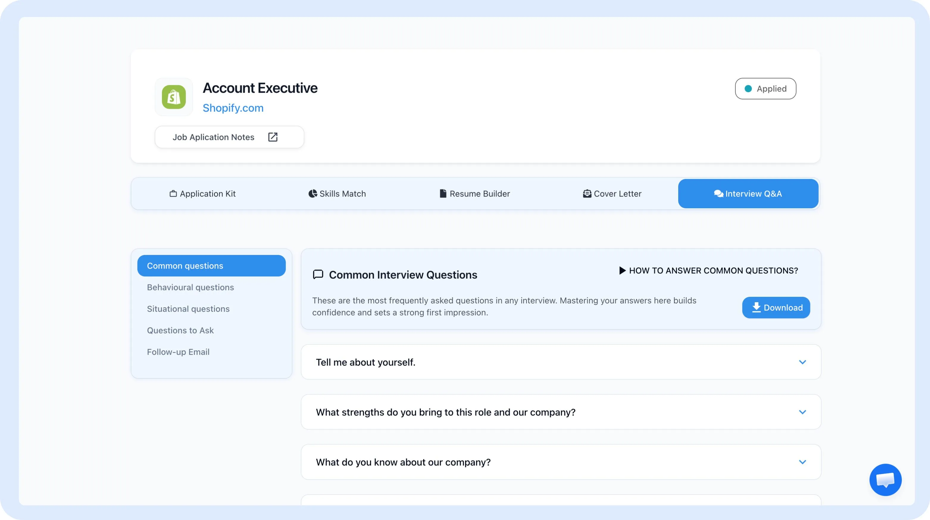 Interface showing common interview questions and preparation resources for an Account Executive position at Shopify.