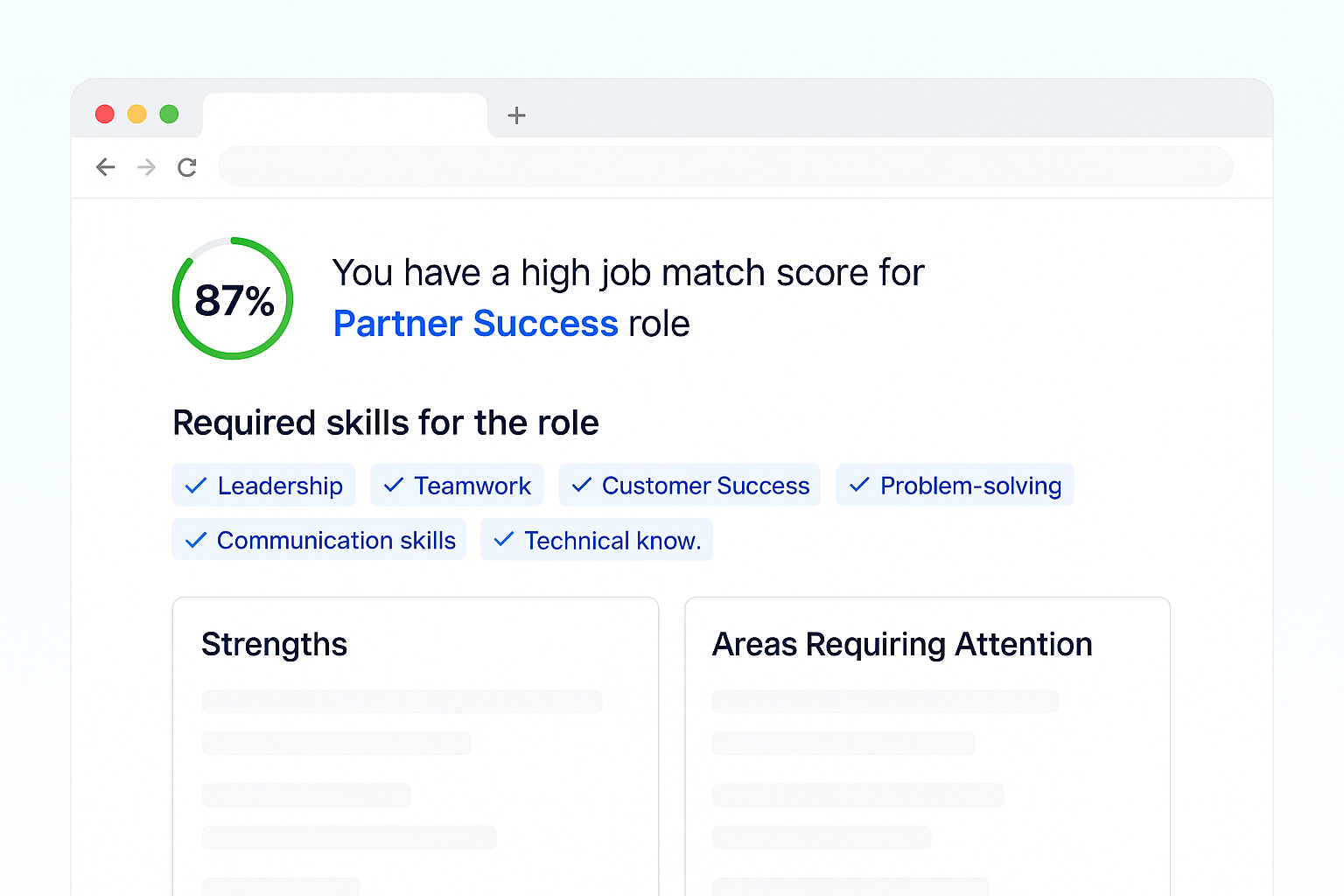 Job match report highlighting required skills and strengths for a Partner Success role with an 87% match score
