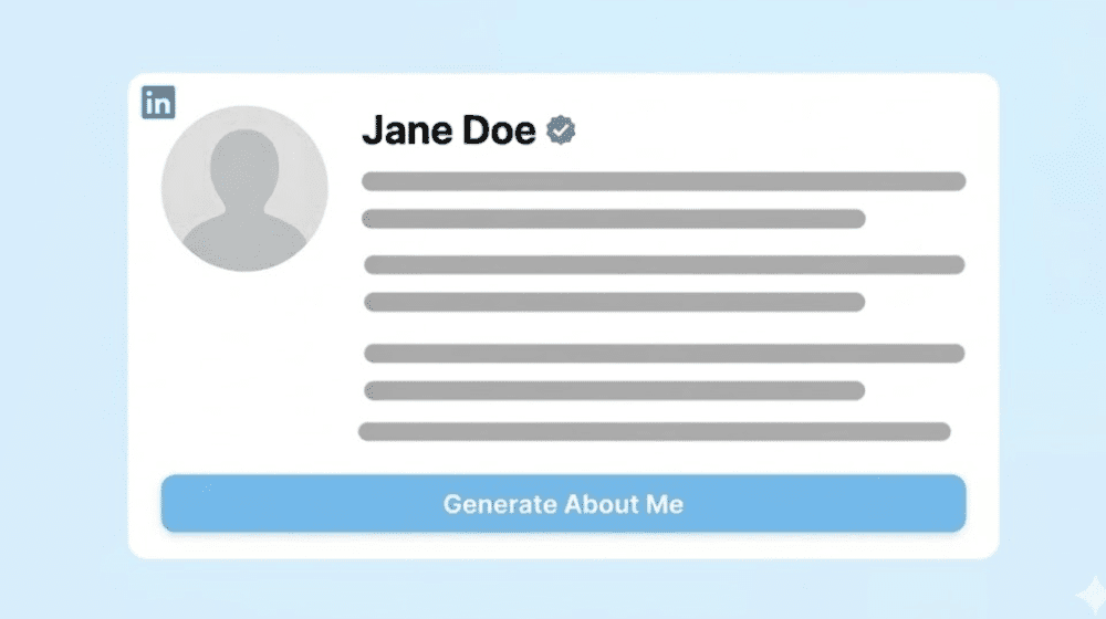 User interface showing an AI about me generator with skeleton text.