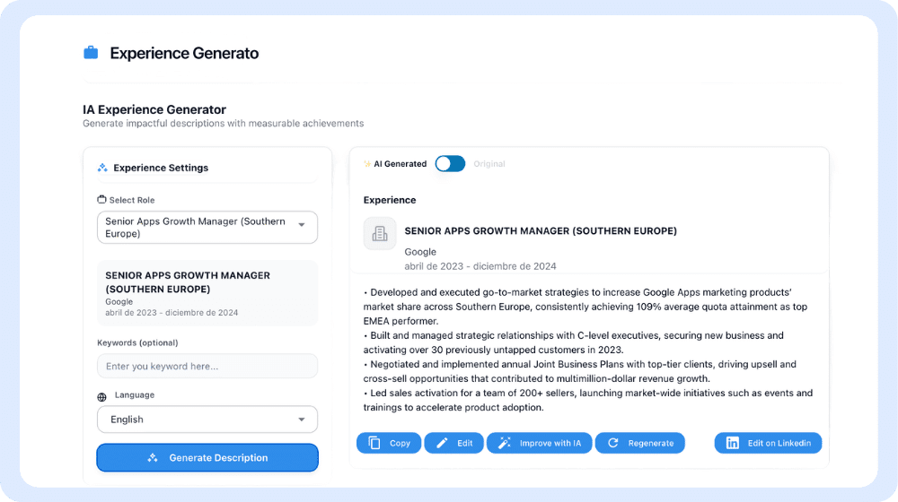 Imagen de una herramienta generadora de experiencias de LinkedIn mediante IA