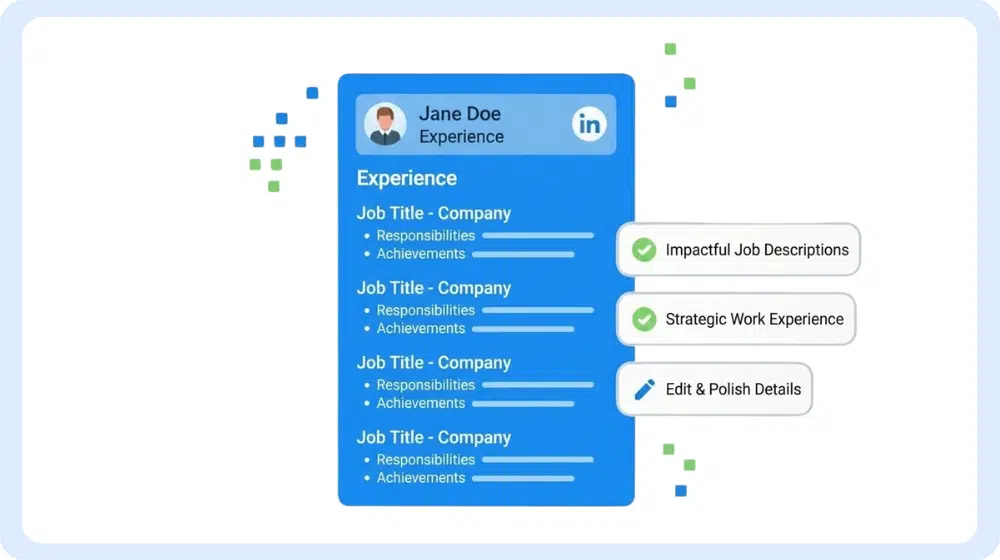 Interface pour l'optimisation de la section Expérience LinkedIn avec texte squelette.