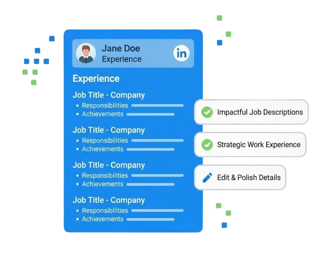 Interface graphique pour l'optimisation de la section Expérience LinkedIn avec texte squelette.