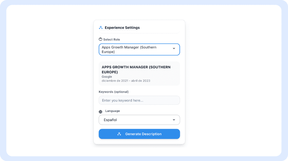 Un panel de configuración de usuario para un creador de experiencias de LinkedIn basado en IA, que incluye campos para títulos de trabajo y palabras clave.