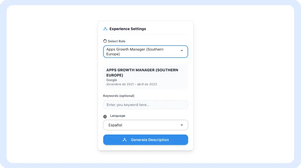 Panneau de configuration utilisateur pour un outil de création d'expérience LinkedIn basé sur l'IA, comprenant des champs pour les intitulés de poste et les mots-clés.