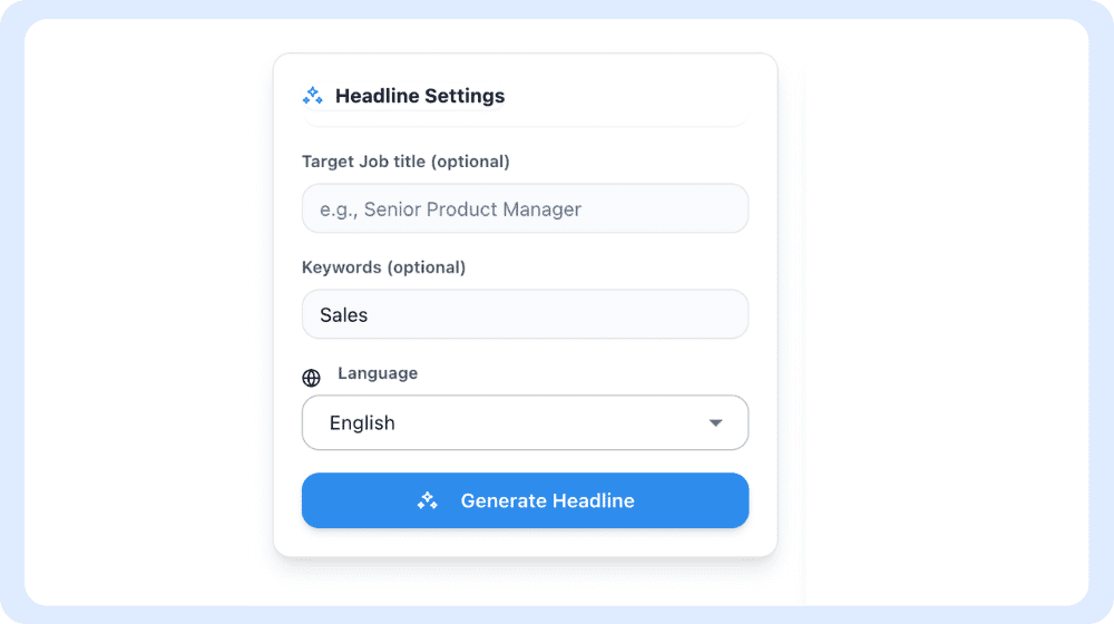 Panel de configuración de JobWinner con campos para personalizar el titular de LinkedIn según el puesto de trabajo objetivo, las palabras clave y el idioma.