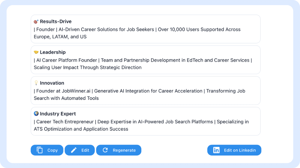 Interfaz de JobWinner que muestra múltiples opciones de titulares de LinkedIn generados por IA con botones para copiar, editar y regenerar.
