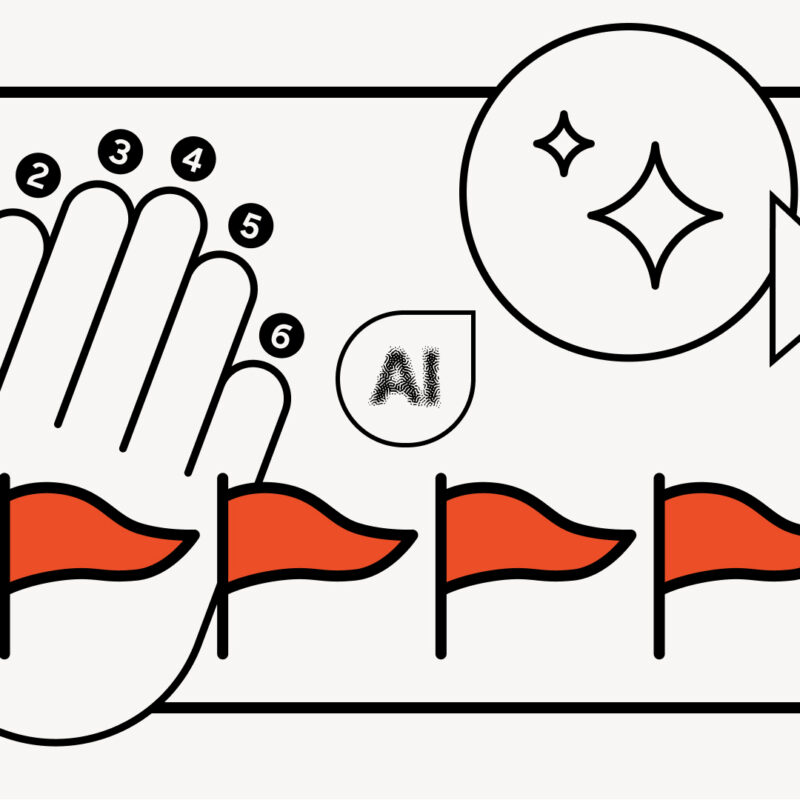 Illustration showing six numbered fingers, AI text bubble, sparkle icon, and a row of red flags, symbolizing AI misinformation warning signs.