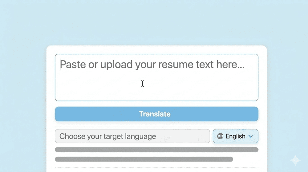 Interfaz de traducción de currículums con inteligencia artificial, que incluye cuadro de entrada de texto, botón de traducción y menú desplegable para la selección de idioma.