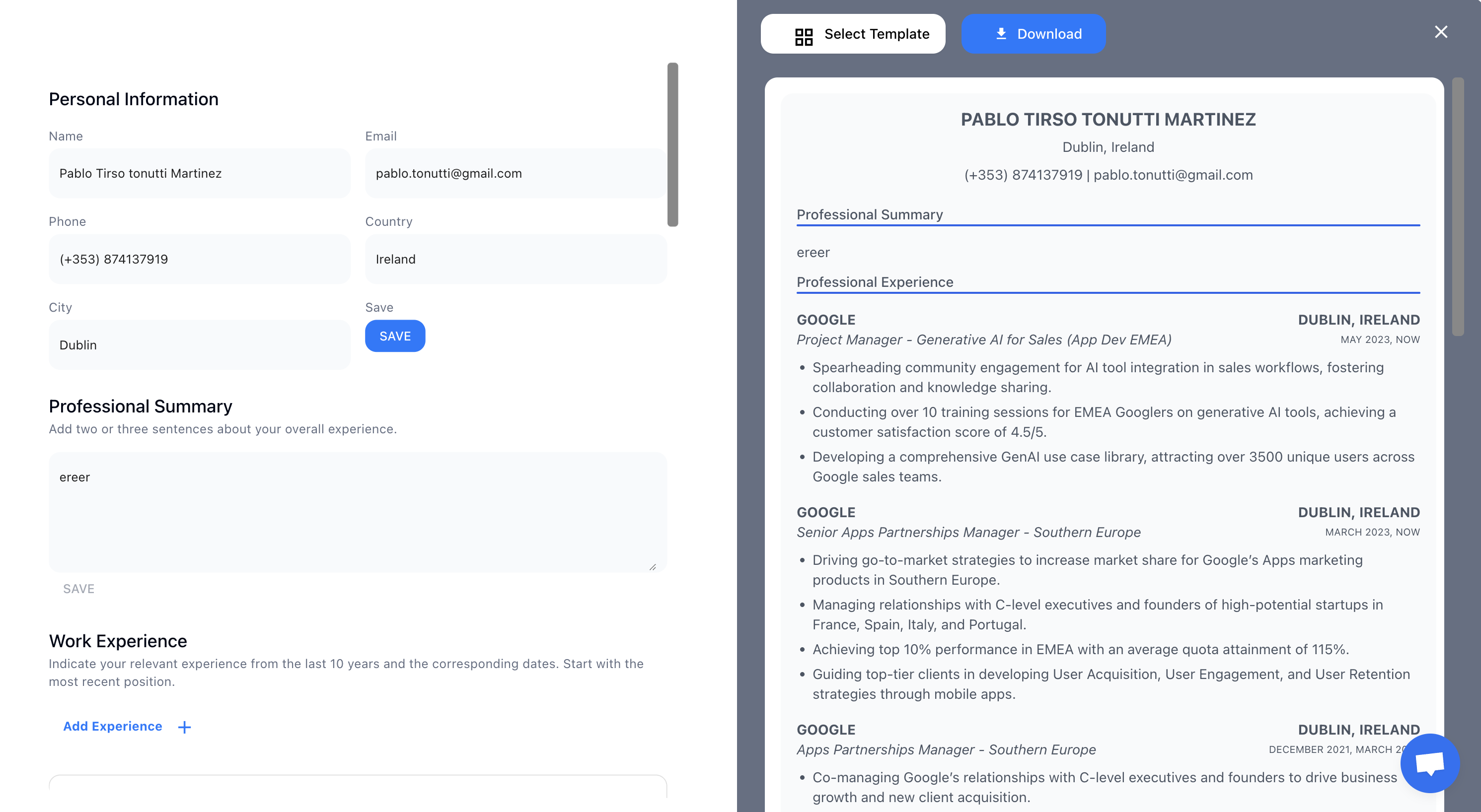 Screenshot of JobWinner Ai Resume Builder