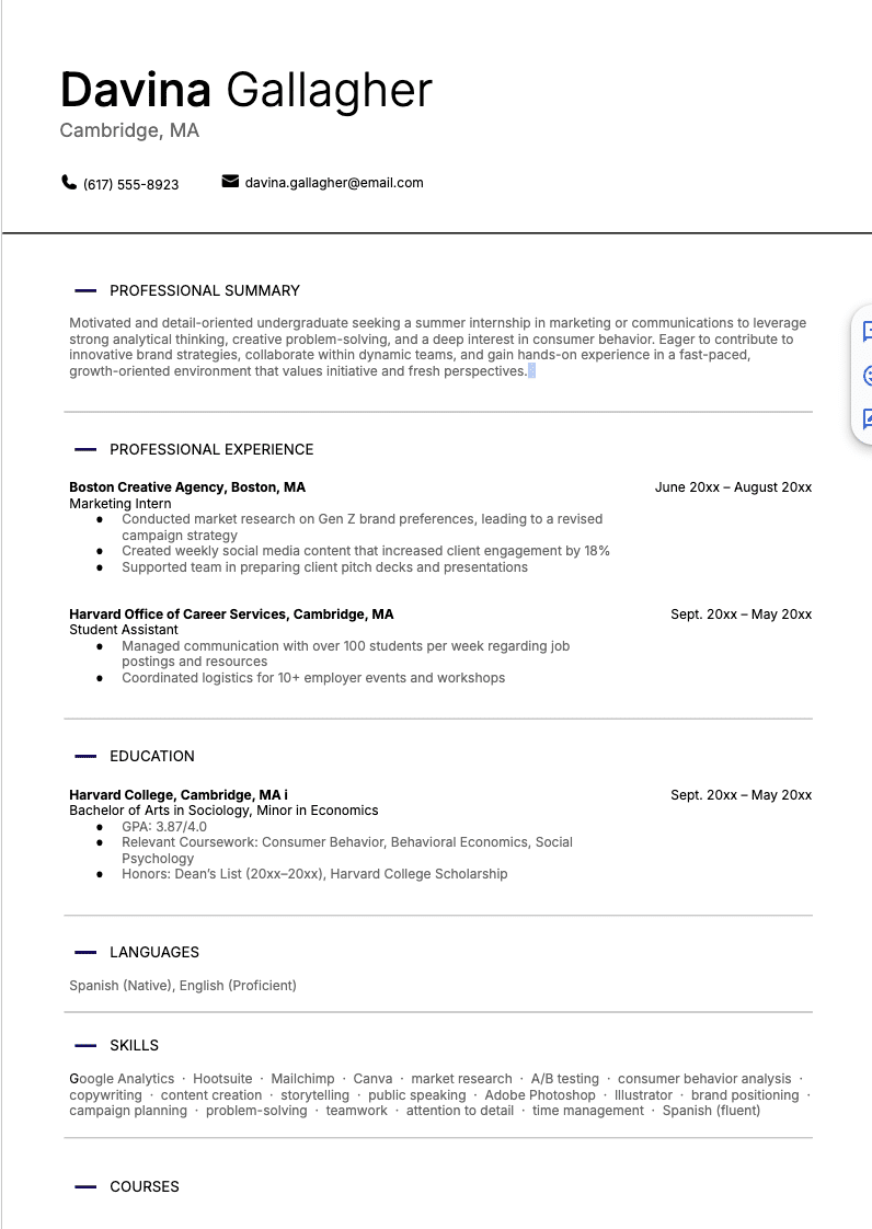 Sample internship resume for Davina Gallagher with sections for professional summary, experience, education, languages, skills, courses, and other relevant information.