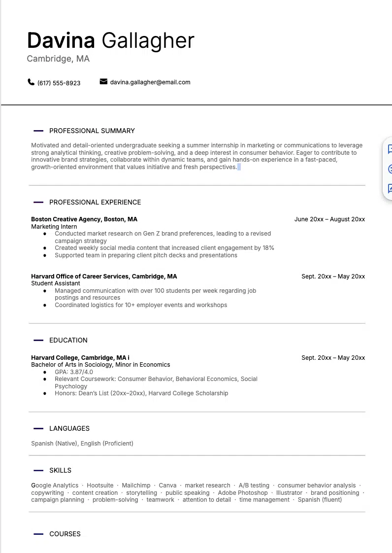 Esempio di curriculum per tirocinio di Davina Gallagher con sezioni dedicate a riepilogo professionale, esperienza, formazione, lingue, competenze, corsi e altre informazioni pertinenti.
