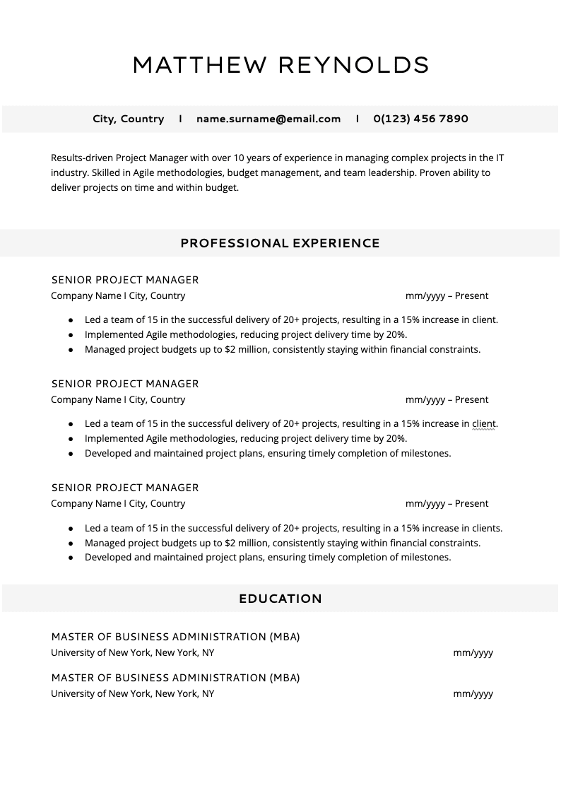 Professional project manager resume template for Matthew Reynolds, showcasing sections for summary, professional experience, education, languages, skills, and courses.