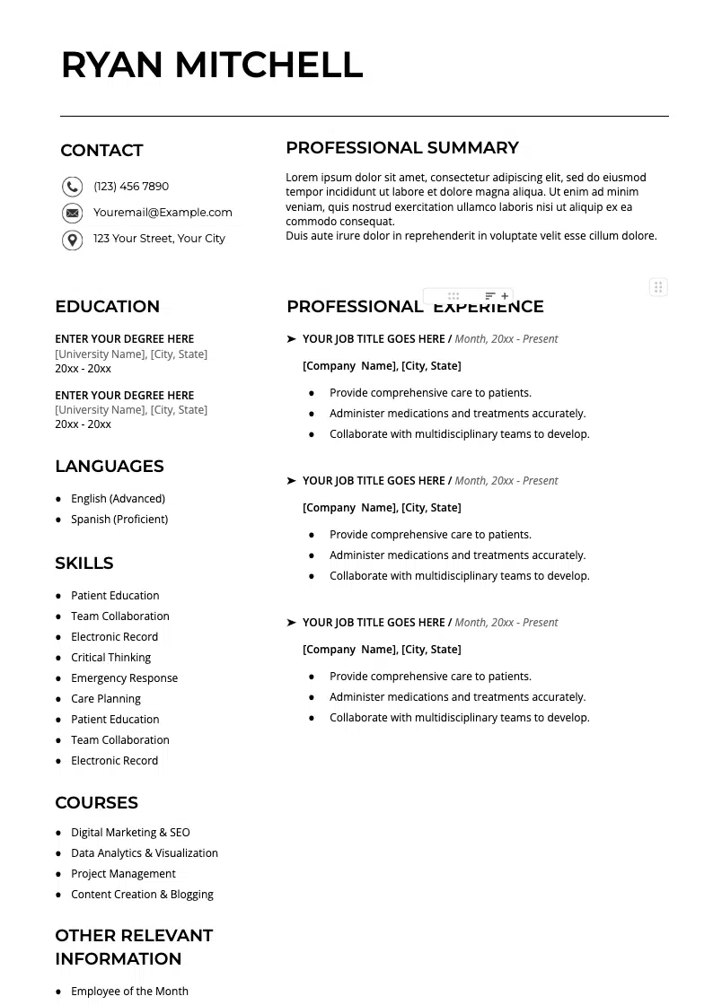 Modello di curriculum professionale per Ryan Mitchell con sezioni per i dati di contatto, riepilogo professionale, istruzione, esperienza professionale, lingue, competenze, corsi e altre informazioni rilevanti.