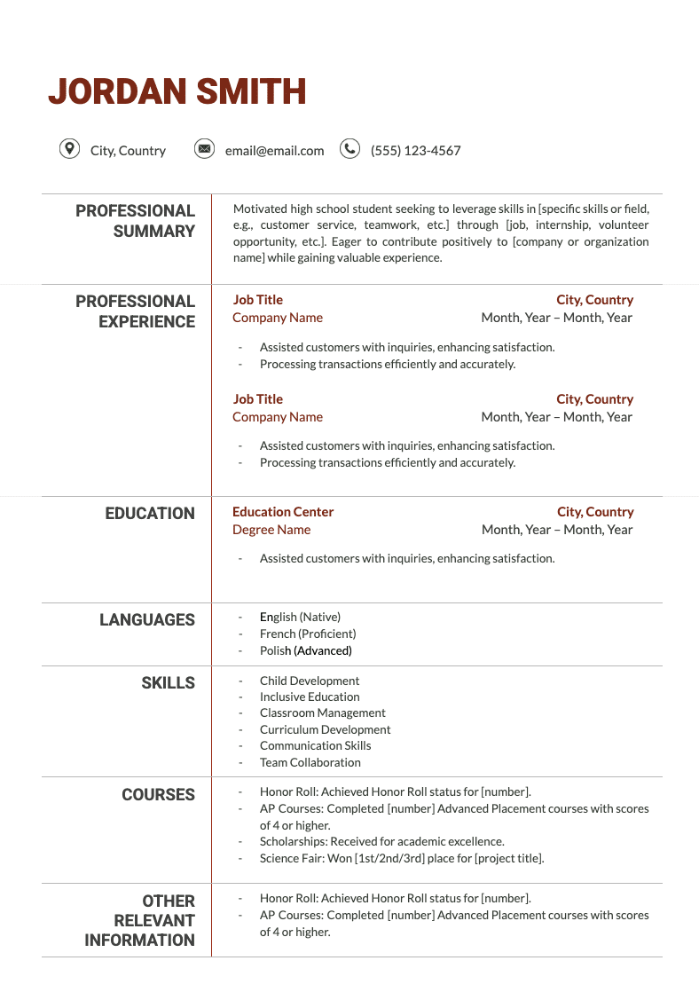 Sample high school student resume template for Jordan Smith, including sections for professional summary, experience, education, languages, skills, courses, and other relevant information