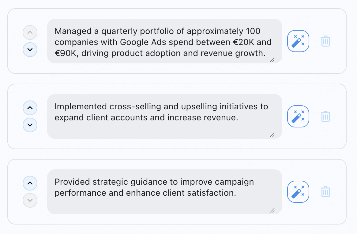 Generador de viñetas de responsabilidad con IA: viñetas totalmente editables desde el generador de currículums.