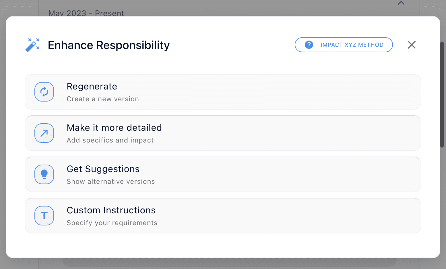 Imagen de la función Mejorar responsabilidades de JobWinner para reescribir las viñetas del currículum siguiendo el método de impacto XYZ