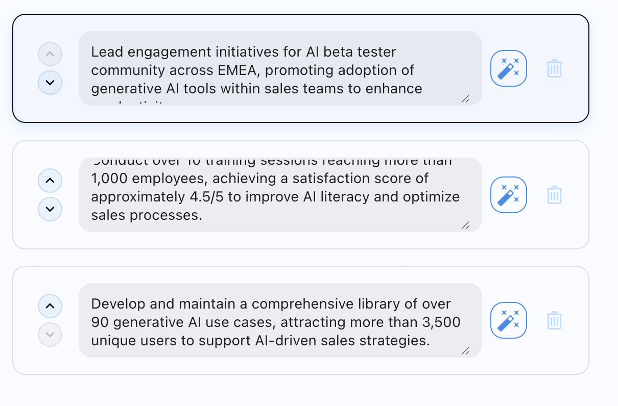 Generador de viñetas de responsabilidad con IA: viñetas totalmente editables desde el generador de currículums.