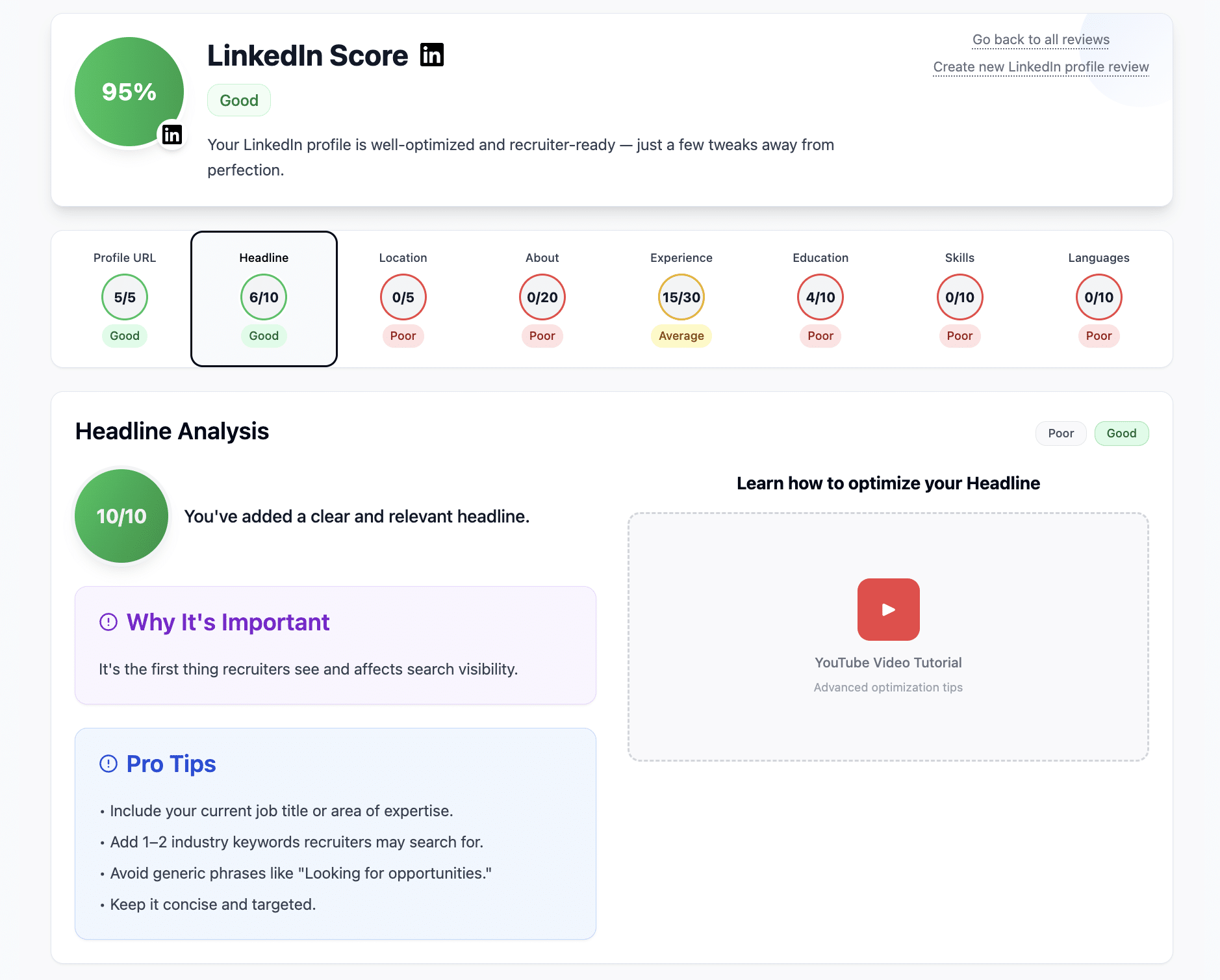 Screenshot of Linkedin Review tool powered by AI that gives you feedback for each Linkedin profile section