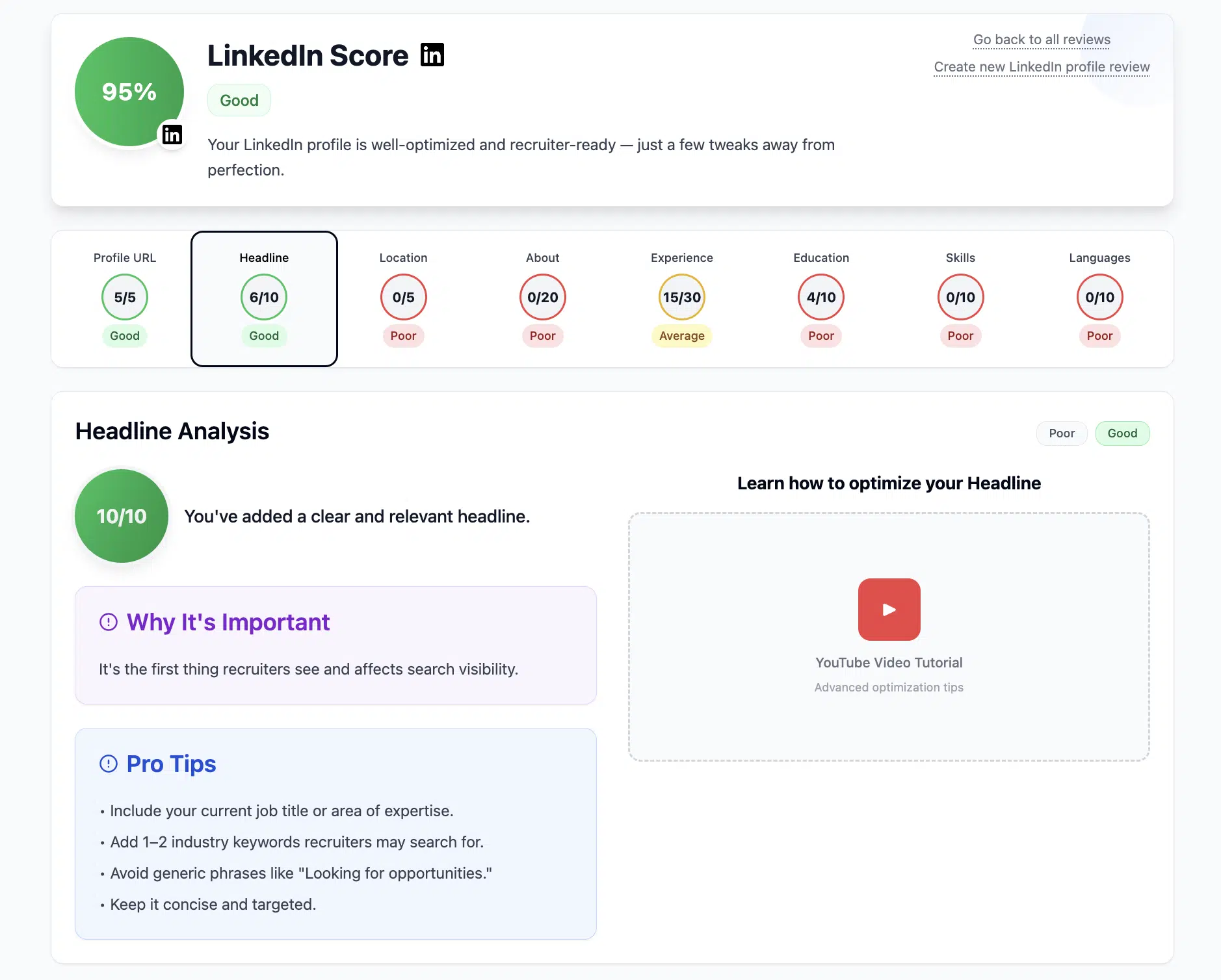 Captura de pantalla de la herramienta de revisión de Linkedin impulsada por IA que le brinda comentarios para cada sección del perfil de Linkedin