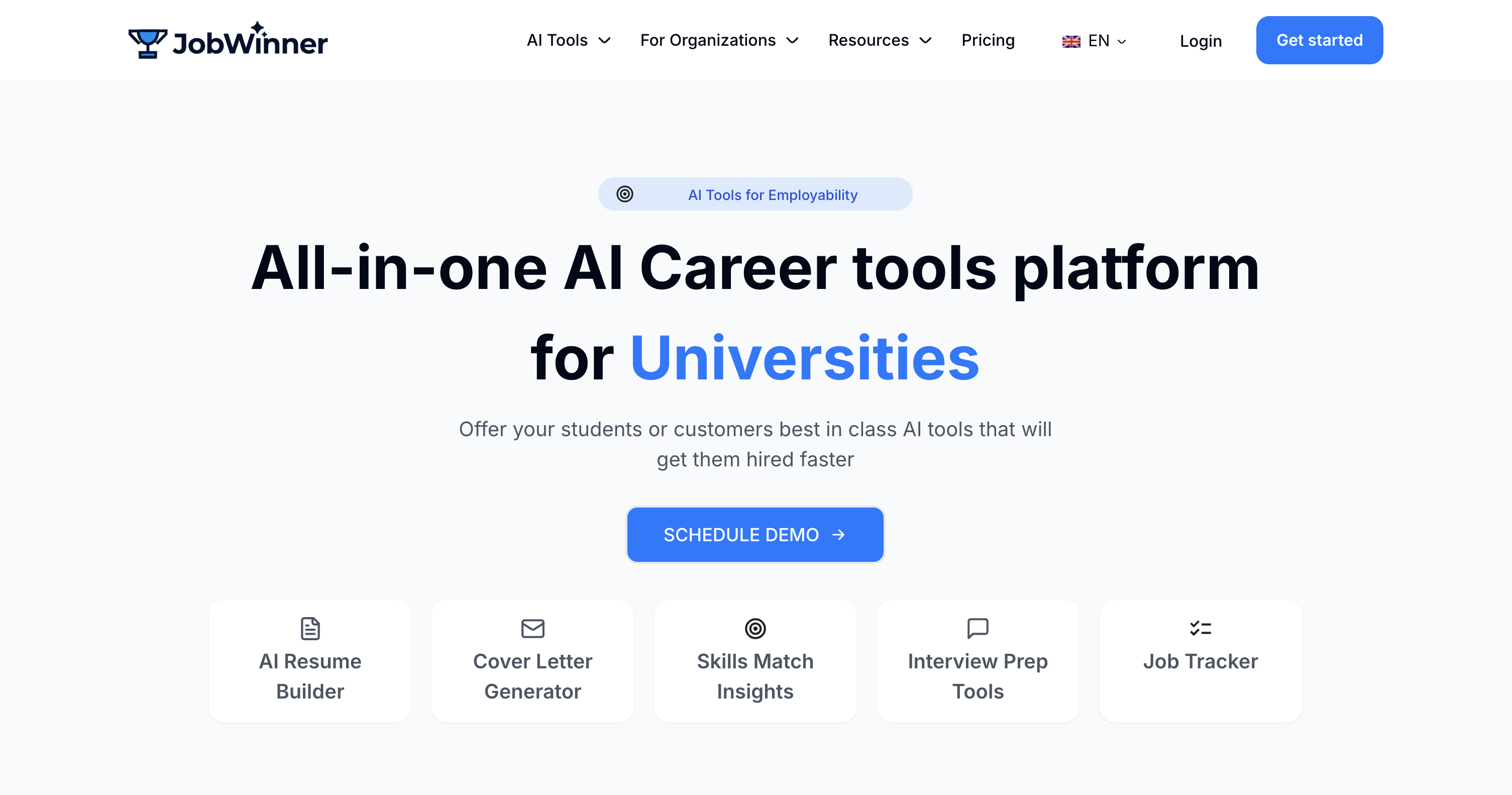 Screenshot of JobWinner .ai White-Label Career platform page
